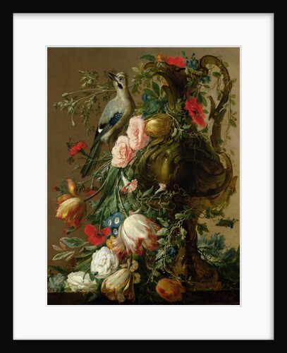A Sculpted Stone Vase with Roses, Auricula, Poppies, Convulvulus, with a Jay on a Ledge, 1760 by Jacobes Vonck