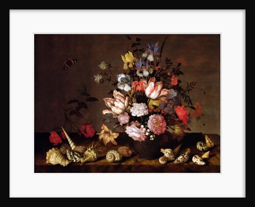 Still life of a vase of flowers with shells by Balthasar van der Ast
