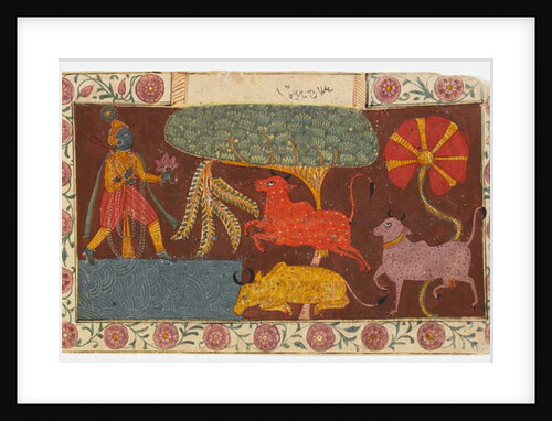 Krishna and Cows at a Pond by Indian School