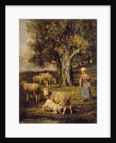 A Shepherdess and Sheep in a Barbizon Landscape by Charles Emile Jacque