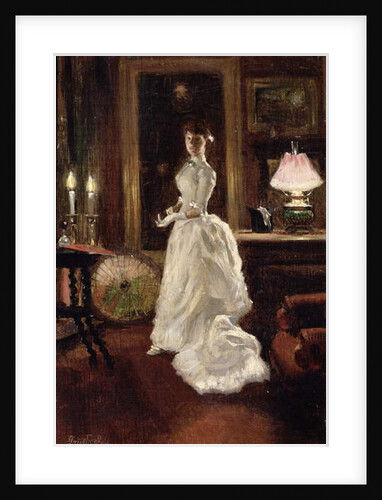 Interior scene with a lady in a white evening dress by Paul Fischer
