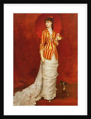Portrait of a lady in a striped jacket with a parasol by Edouard Alexandre Sain