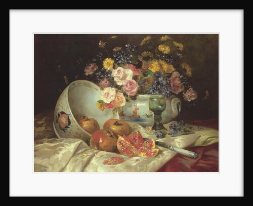 Still life of flowers in a Chinese vase with pomegranates by Eugene Henri Cauchois