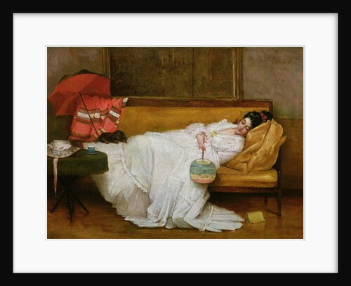 Girl in a white dress resting on a sofa by Alfred Emile Stevens