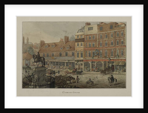 View of Charing Cross showing horse-drawn vehicles, figures and the Dublin Hotel Tavern and Coffee House, 1807 by George Shepherd