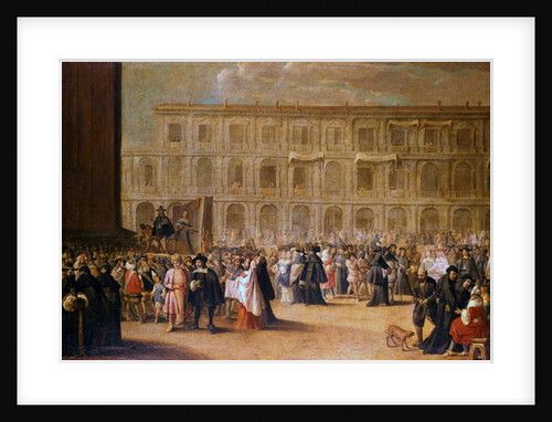 Actors in front of a representation of St. Marks Square by Italian School