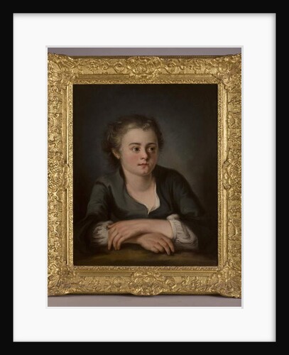 Portrait of a young girl, wearing a green dress and white chemise, seated before a table by French School