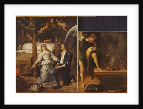 Tobias and Sarah with the Archangel Raphael exorcising the demon Asmodeus, reassembled from two separated fragments by Jan Havicksz. Steen