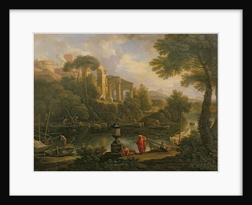 Landscape with figures by a pool with ruins in the background by Jan Frans van Bloemen