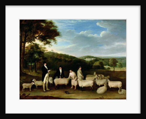 Portrait of Thomas William Coke, Esq. inspecting some of his South Down sheep with Mr Walton and the Holkham shepherds by Thomas Weaver