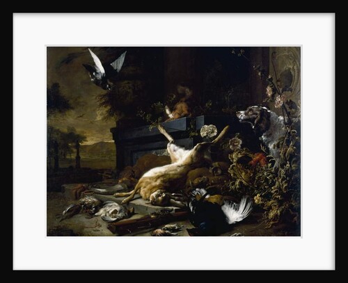 Still Life of Game including a Hare, Black Grouse and Partridge, a Spaniel looking on with a Pigeon in Flight, c. 1680 by Jan Weenix