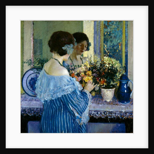 Girl in Blue Arranging Flowers by Frederick Carl Frieseke