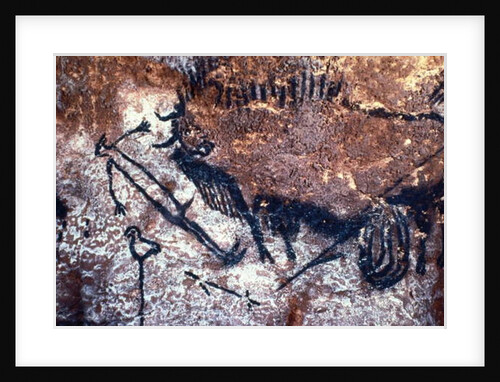 Prehistoric art: Scene of the Well: a man with a bird head and seems to fall or being pushed by a bison by Prehistoric Prehistoric