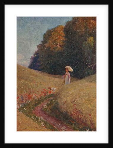 Historic greeting card after a painting, Mother and daughter walking in a flower meadow by Unknown Artist