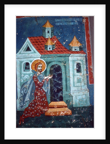 St. Nicetas praying in front of a church by Romanian School