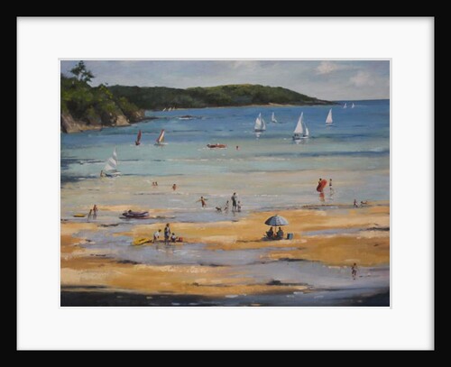 Salcombe North Sands, blue umbrella by Jennifer Wright