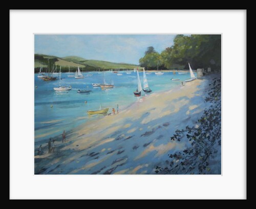 Salcombe Fishermans Cove, blue & white sail by Jennifer Wright