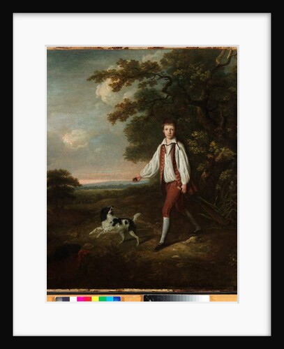 Portrait of a youth holding a cricket bat and ball with his pet black and white springer spaniel in a clearing by a wooded landscape by Hugh Barron