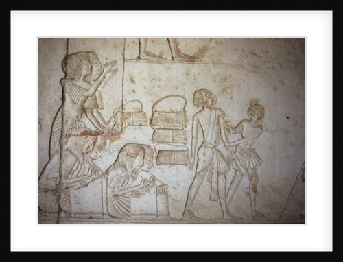 Relief depicting scribes at work by Egyptian 18th Dynasty