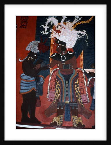 Reproduction of a mural showing a servant dressing a ruler for a ceremony by Mayan Mayan