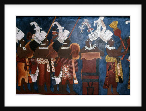Reproduction of a mural showing servants and musicians during a ceremony by Mayan Mayan