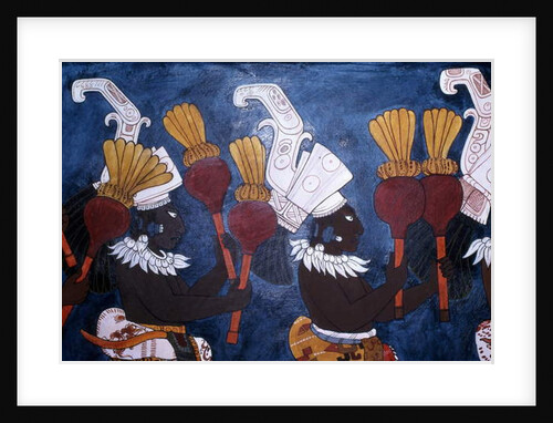 Reproduction of a mural showing musicians with rattles during a ceremony by Mayan Mayan
