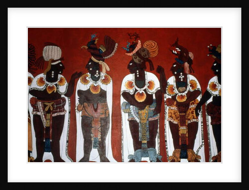Reproduction of a mural showing noble men dressed for a ceremony by Mayan Mayan
