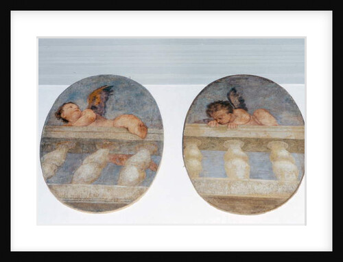 Two winged putti climbing over a balustrade, roundels from the sacristy by (1528-88) Veronese