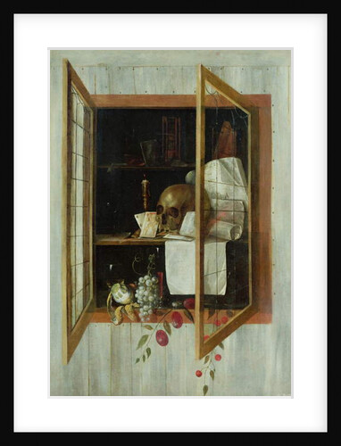 Vanitas still life seen through a trompe l'oeil window by Cornelis Norbertus Gijsbrechts
