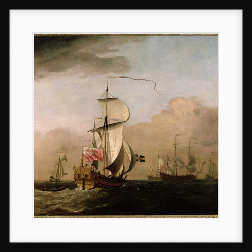 The Second Duke of Albemarle's Ketch with a yacht to the left and three warships in the distance to the right by Willem van de the Younger Velde