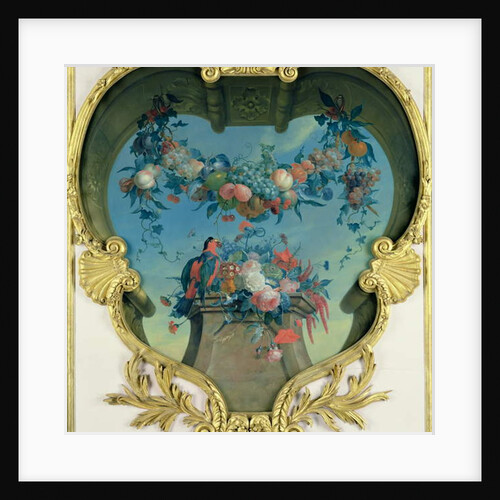 Festoon of Fruits Hanging over a Pedestal with Flowers and a Red-Green Parrot, c. 1730-31 by Coenraet Roepel