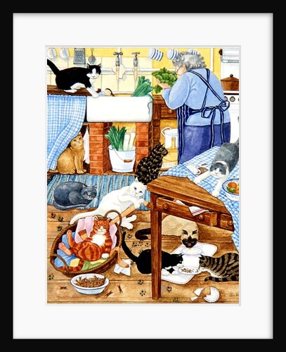 Grandma and 10 cats in the kitchen by Linda Benton