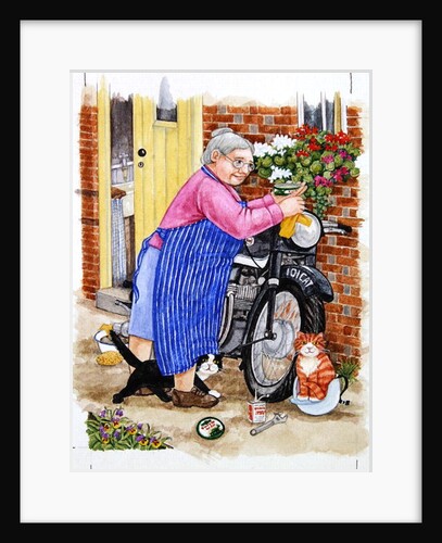 Grandma and 2 cats and motorbike by Linda Benton