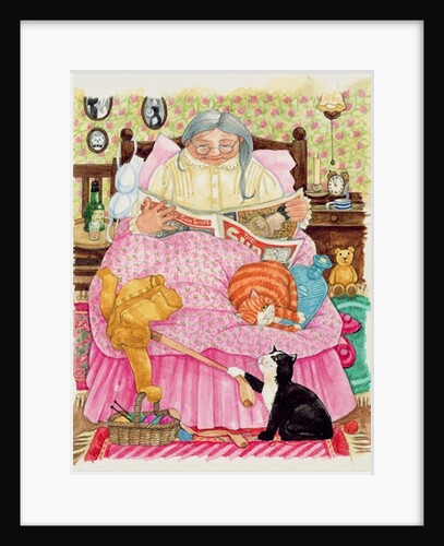 Grandma and 2 cats and a pink bed by Linda Benton