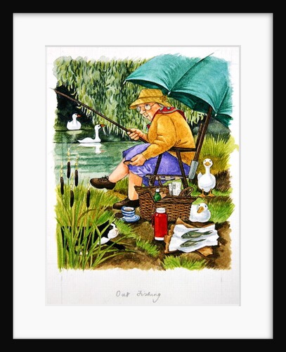 Grandma and cat fishing by Linda Benton