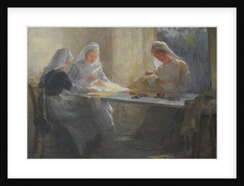 Kensington War Hospital Supply Depot, Three nurses sitting at a table sewing, c.1916 by Catherine Ouless