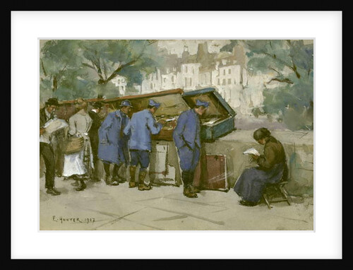 French soldiers and Bouquinistes along the Seine, 1917 by Ethel Hunter