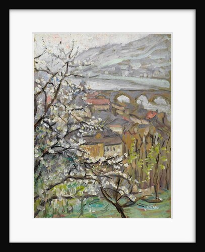 View across an orchard over a bridge and estuary by Arthur Haythorne Studd