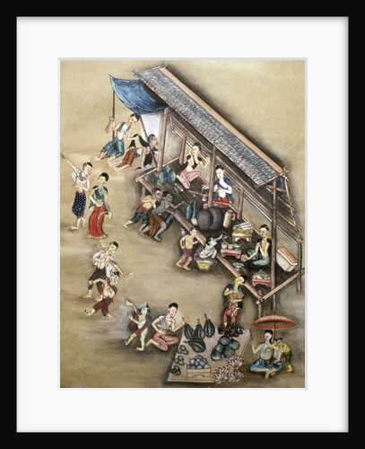Folk painting depicting a market scene by School Thai