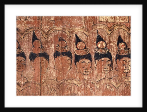 A series of walking damsels painted on the eaves of the roof of Viharn Nam Tam by Thai School