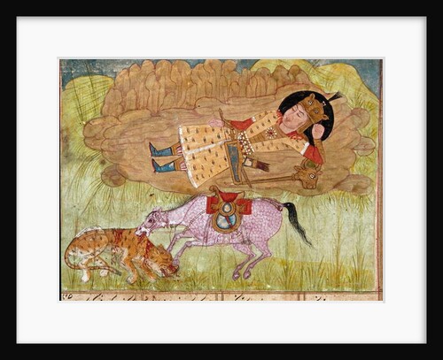 Rostam asleep, near his horse and a slaughtered leopard by School Persian