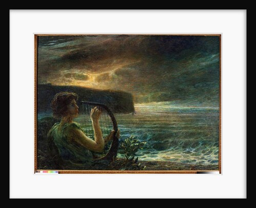 Full moon, Tribute to a feminine deity, playing lyre in a seascape with stormy sky by Plinio Nomellini