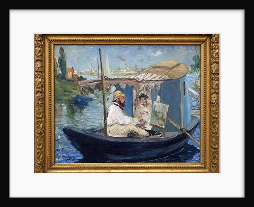 Claude Monet painting in his workshop or Monet on his boat. Painting by Edouard Manet by Edouard Manet