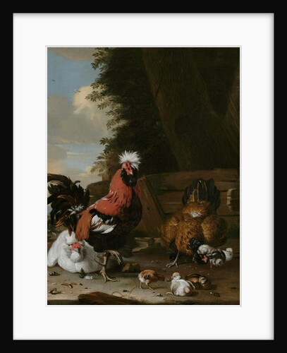 A Bantam Cockerel with Hens and Chicks in a Farmyard by Melchior de Hondecoeter