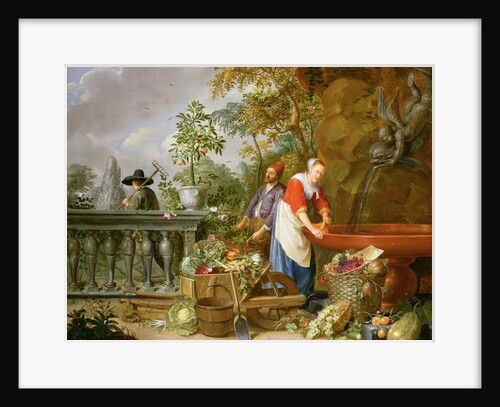A Maid Washing Carrots at a Fountain with Two Gardeners at Work by Nicolaas or Nicolaes Muys