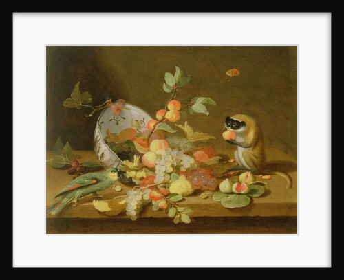 Grapes and Peaches Spilling from an Overturned Delft Bowl by Jan van (studio of) Kessel