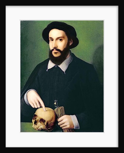 Portrait of a Gentleman with his Right Hand Pointing to a Skull, c.1540 by Master of the 1540s