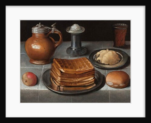 Waffles and butter on pewter plates with an apple, roll, jug, standing salt, and a beer glass with prunts on a cloth-covered table by German School