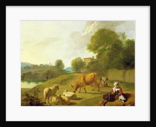 A River Landscape with Cattle, Sheep and a Young Girl Playing with a Dog by Simon van der Does