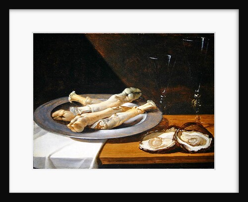 Pigs Knuckles on a Pewter Plate with Oysters and Wine Glasses on a Draped Table, c.1630 by Flemish School